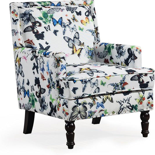 Accent Chair Modern Comfy Mid-Century Anthropologie Accent Chairs Linen Upholstered Wingback Lounge Arm Chair with Solid WoodSingle Floral Pattern Chair for Living Room/Balcony/Bedroom