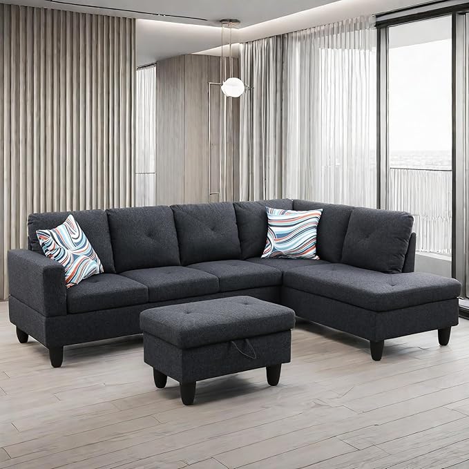L Shaped Sectional Couch with Ottoman Modern Lounge Modular Sectional Sofa with Storage L Shaped Couch for Living Room Bedroom Dark Grey