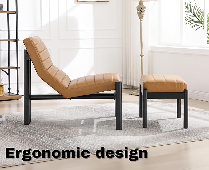 EALSON Modern Accent Chair with Ottoman Brown Leather Upholstered Seater with High Backs Unique Design Wood Frame Armless for Living Room/Bedroom Reading/Office Use