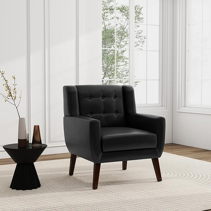 UIXE Faux Leather Accent Chair Modern Arm Club Chair Upholstered Armchair for Living Room Comfy Single Sofa Seats Button Tufted Reading Seating Black