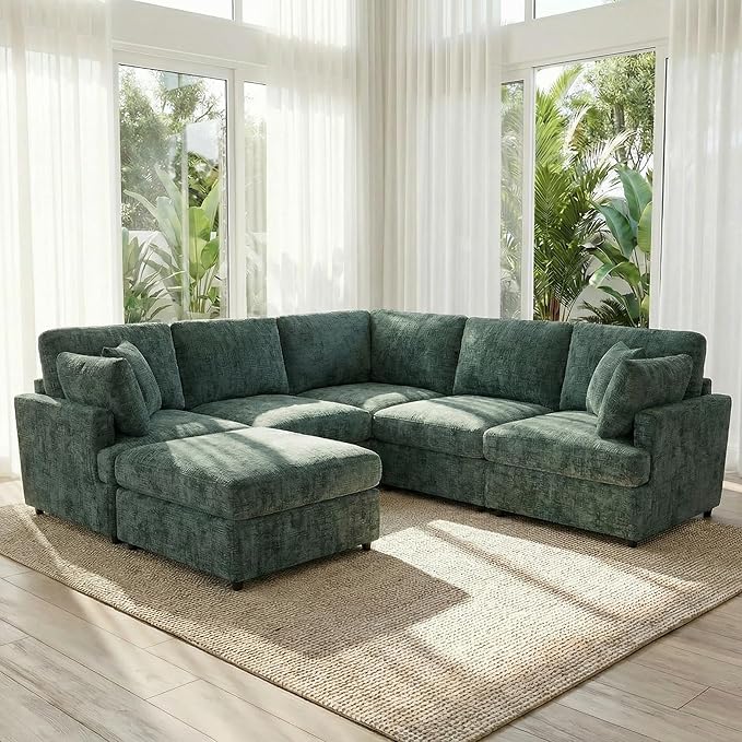 ERYE 122-Inch Modern Corner Modular Sectional Sofa Couches with Ottoman and 4 Toss Pillows Comfy Chenille Upholstered U-Shaped Sofa Convertible L-Shaped Symmetrical Couch