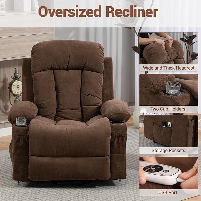 Power Lift Recliner Chair for Elderly People w/Vibration Massage and Lumbar Heat Oversized Recliner Chair Sofa for Adult with Cup Holder USB Charge Port for Living Room Bedroom Brown