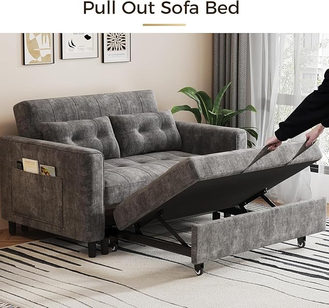 KKL 3 in 1 Convertible Sleeper Sofa Bed Small Pull Out Couch Bed with Adjustable Backrest Chenille Loveseat Couches with Side PocketFuton Sofa Beds Couch for Living Room Bedroom(Dark Grey)
