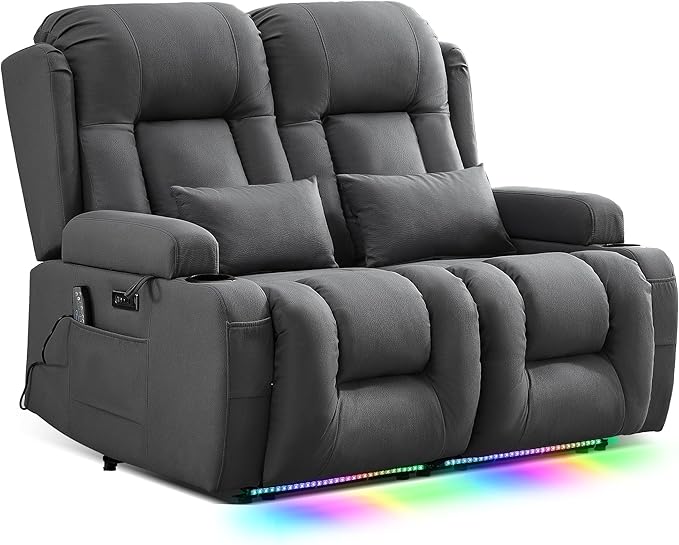TUNYI Wall Hugger Loveseat Recliner Sofa with Massage &amp Heat Power Reclining Loveseat RV Couch with USB/Outlet/Storage/LED Light/Speaker (Grey)
