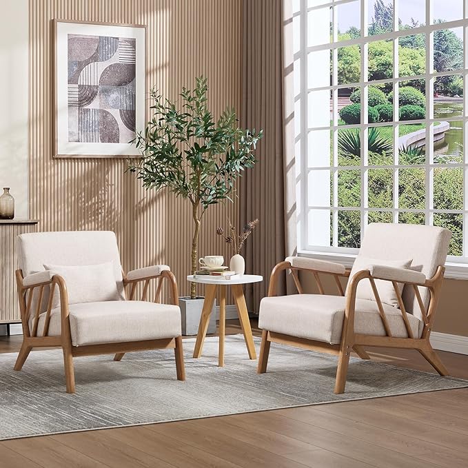 ANJ Mid Century Modern Accent ChairLiving Room Chairs with Wood Frame &ampLumbar Pillow Upholstered Reading Armchair for Bedroom