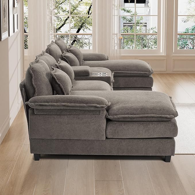 124 U Shaped Cloud Couch Sectional Sofa Fluffy Modular Couches for Living Room Oversized Modern Plush Chenille Sectional Couch Set Cloud Sofa with Central Console USB Ports Cup Holder Stone Grey