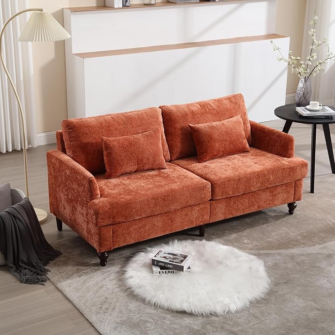 69” Modern Chenille Loveseat Sofa Couch Upholstered 2 Seat Love Seat Deep Seat Small Couch with 2 Pillows and Sturdy Wood Legs for Living Room Bedroom Apartment (Orange)