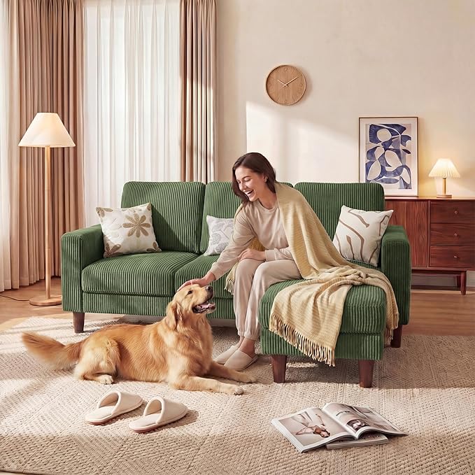 Homall 3 Seat Couch L Shape Sofa with Side Storage Pockage Sectional Couches with Reversible Ottoma Upholstered Sofa for Living Room and Small Spaces (Corduroy Green)