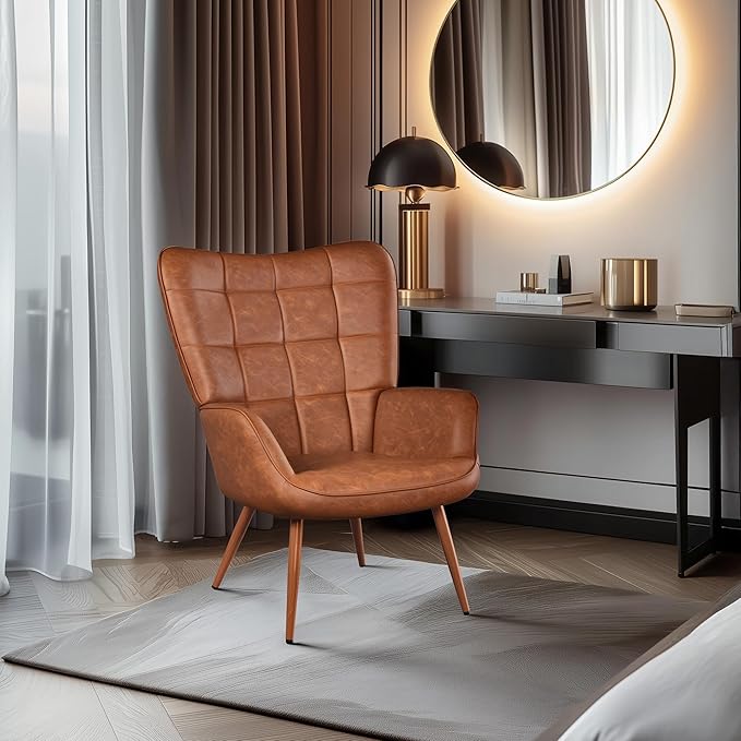 Topeakmart PU Leather Accent Chair Modern Armchair with Tufted High Back Oversized Vanity Chair Reading Chair for Living Room/Bedroom Brown