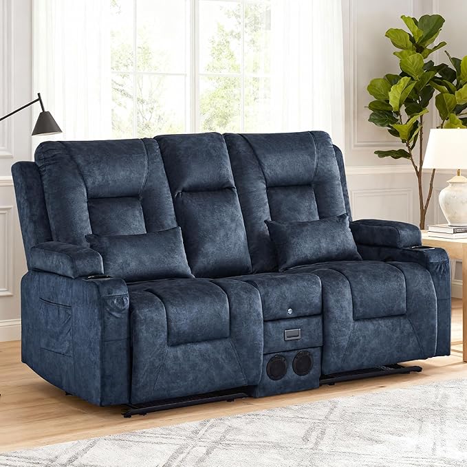 Houjud Manual Reclining Loveseat Sofa with Console Recliner Sofa RV Couch with Bluetooth Speakers USB Charging AC Outlets and Pillow for Home Theater Velvet Blue