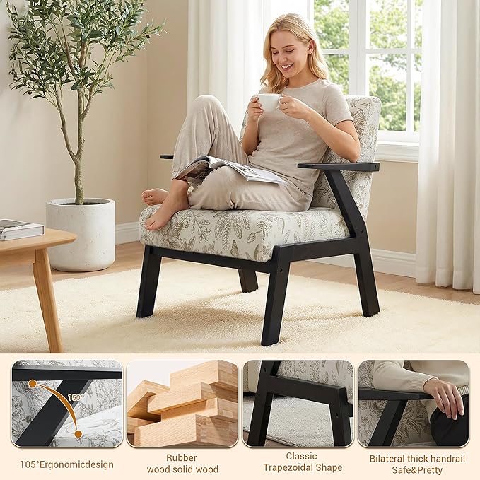 Floral Accent Chair Mid Century Modern Chairs Upholstered Armchair with Solid Rubber Wood Living Chair Ergonomic Chair for Living Room Bedroom Reading Room