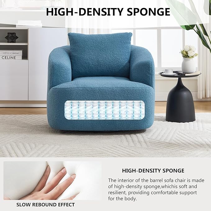 Swivel Accent Chair360° Rotating Barrel ChairTeddy Fleece High-Resilience Sponge Single Sofa Easy Assembly for Living Room Bedroom Apartment Blue