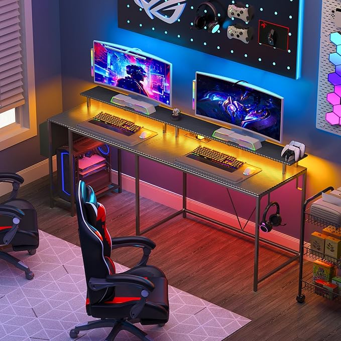 L Shaped Gaming Desk with Power Outlets &amp LED Lights 53 inch Corner Computer Desk with Monitor Stand and Storage Bag Home Office Desk Table for Bedroom Dual Workstation Carbon Fiber Black