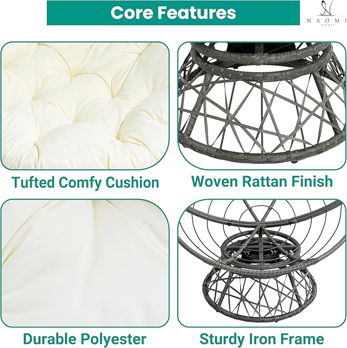 Naomi Home 40” Papasan Chair Indoor with Cushion and Frame – Round Wicker Papasan Chair with Thick Tufted Cushion Sturdy Metal Base Large Reading Chair for Bedroom &amp Living Room Cream