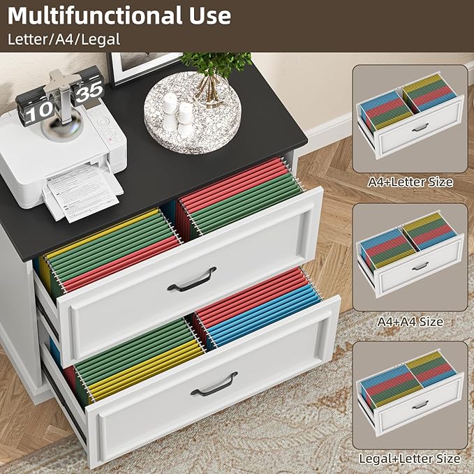 2 Drawer File Cabinet Farmhouse Lateral Filing Cabinet for Letter/A4/F4/Legal Size Hanging Files Large Wood File Storage Cabinets Printer Stand for Home Office White and Black