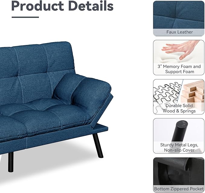 Convertible Futon Sofa BedLinen Futon Couch with Detachable CushionAdjustable Backrest &amp ArmrestModern Small Loveseat Sleeper Recliner for Living RoomOfficeApartmentBlue