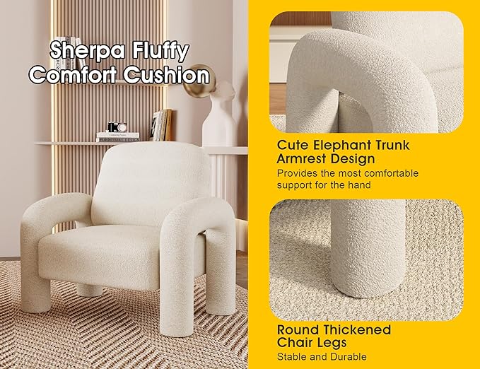 Modern Sherpa Accent Chair Teddy Upholstered Arm Single Sofa Cozy Fluffy Reading Chair for Living Room Bedrooms Corner (Cream White)