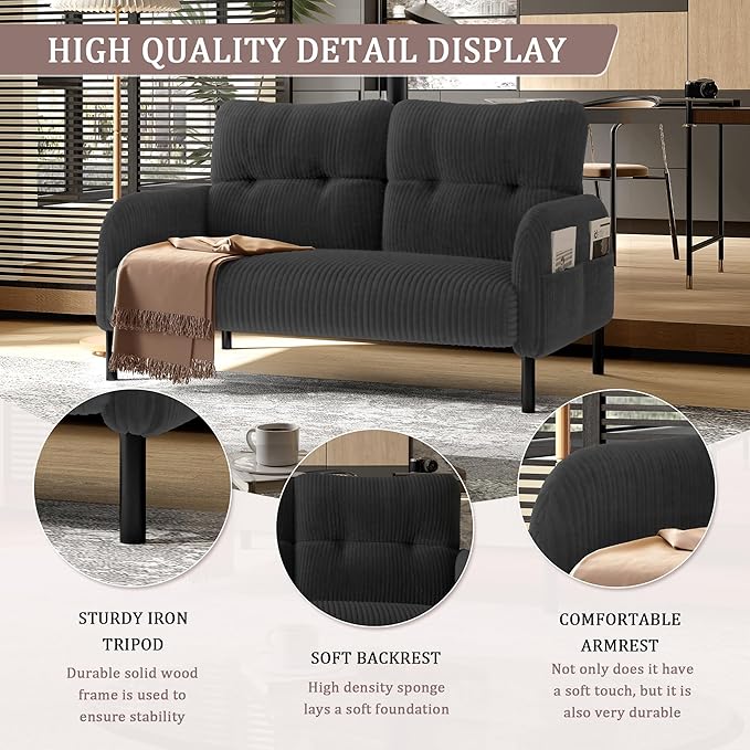 47'' Small Loveseat Sofa Comfy Corduroy Love Seat Couch for Small Spaces 2 Seater Sofa Office Couch with Solid Wood Legs for Living Room Bedroom Apartment (Gray)
