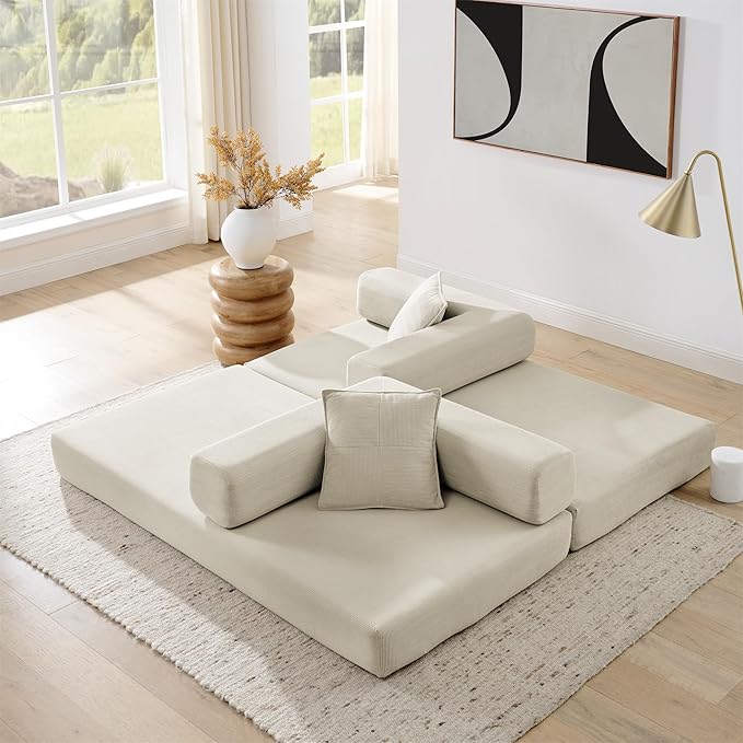 Folding Sofa Bed Convertible Sleeper Sofa Bed with Gold Fixed-Shape Frame Corduroy Floor Couch Lazy Compression Sofa for Living Room Bedroom Home Theater Beige