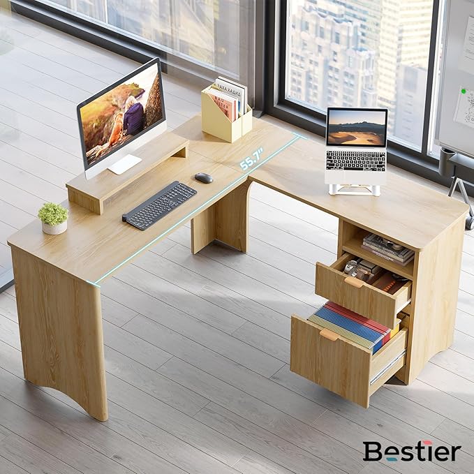 Bestier L Shaped Desk with File Drawer 55.7 x 55 Office Computer Desk with Round Corners Modern Desk with Monitor Stand &amp Fluted Panels for Home Office Natural Oak
