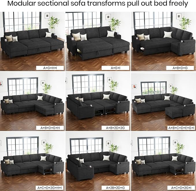 Belffin Sleeper Sofa Bed Pull Out Couch L Shaped Couch with Storage Left-Facing Chaise Modular Sectional Sofa. Dark Grey