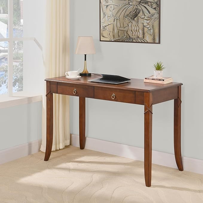 Solid Wood Computer Writing Desk with 2 Big Drawers 46.06 Wide Home Office Desk Workstation with Hourglass Shape Tabletop Big Rustic Study Table in Cherry Brown BSZ-DR200
