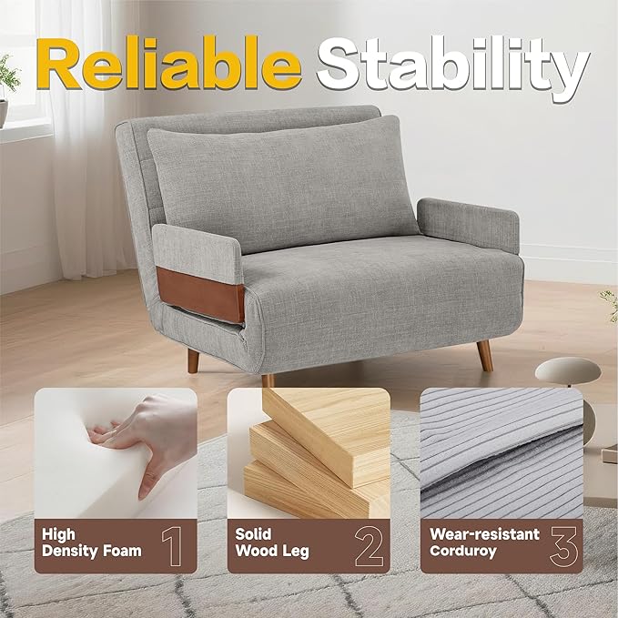 42 Convertible Sleeper Chair 3-in-1 Chair Bed Sleeper for Adults with Adjustable Backrest Pillow &amp Wooden Arms Loveseat Sofa Bed for Apartment Office Medium Gray