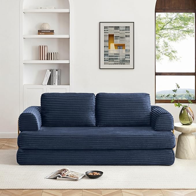 Convertible Sleeper Sofa Bed 79.5 Folding Floor Sofa Mattress Couch with Pillows Corduroy Futon Boneless Couch Lounge Loveseat with Pull Out Bed Blue