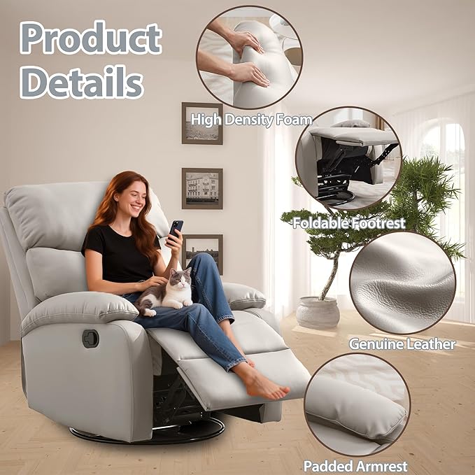 Genuine Leather Rocker Recliner Modern Manual Swivel Glider Recliner with Adjustable Backrest &amp Footrest Wall Hugger Swivel Rocking Recliner Chair for Modern Living Room and RV Beige
