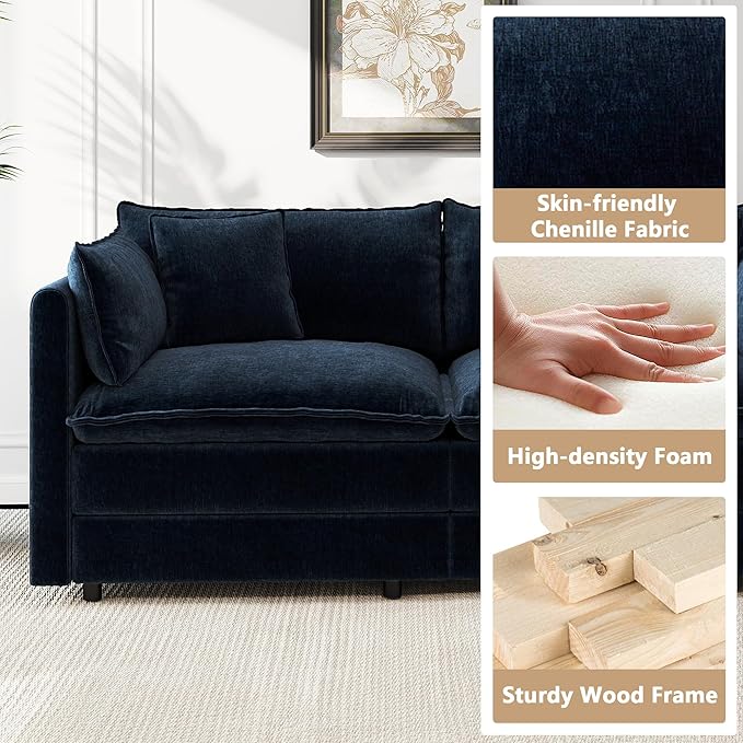 Aoowow Modular Sectional Sofa Modern Convertible U Shaped Couch147.2 Inch Deep 4-Seater Sofas Set Comfy Chenille Cloud Sofas and Couches with Movable Ottoman for Living Room Apartment（Blue）