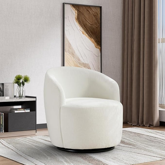 Swivel Barrel Chair Modern Comfy Boucle Swivel Accent Chair Comfy Chenille Round Armchair Small Upholstered Reading Lounge Chair for Living Room Bedroom Office Club Ivory Chenille