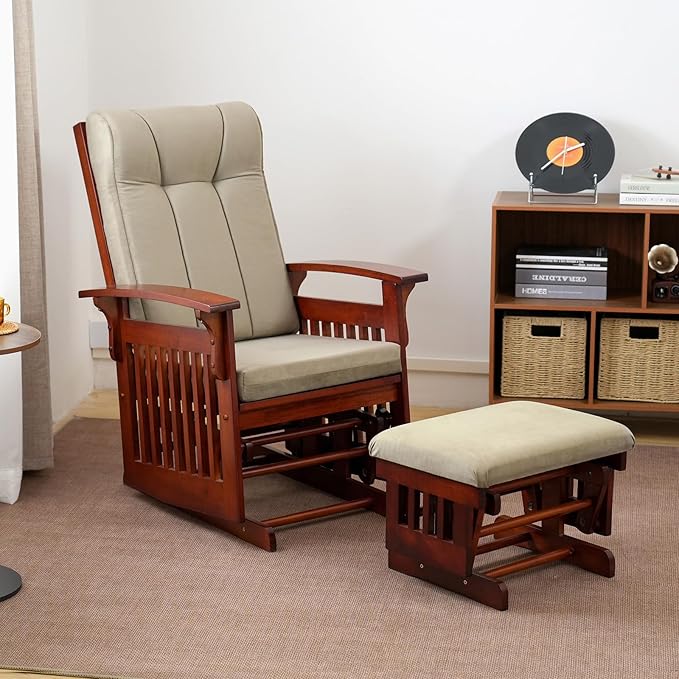 Solid Wood Glider Rocking Chair and Ottoman Set Rustic Nursery Glider Rocker with Padded Cushion Smooth Rocking Motion Indoor Living Room NursingNappingReading Brown