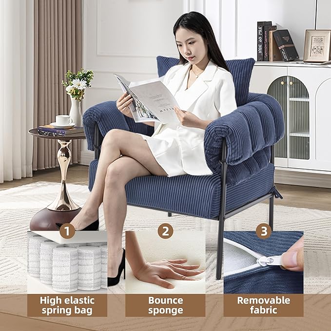 Modern Velvet Accent Chairs Set of 2 Comfy Large Living Room Sofa Chair Upholstered Fabric Armchair with Pillow and Metal Legs for Office/Bedroom/Reading Blue