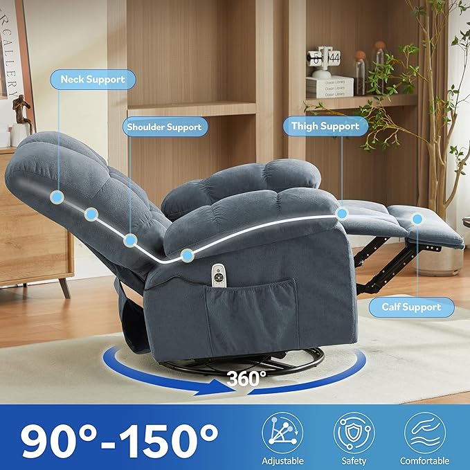 Oversized Recliner Chair with Massage and Lumbar Heating Swivel Rocker Recliner with Remote Control Single Sofa Chair for Adults Seniors Elderly at Living Room Bedroom Study Room