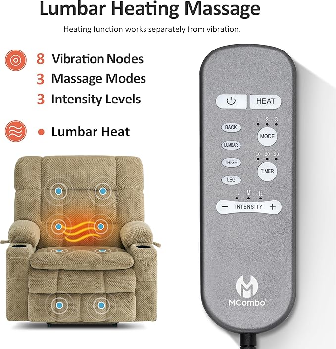 MCombo Dual Motor Power Lift Recliner Chair for Elderly Lay Flat Lift Chair with Heat and Massage Extra Wide Lift Recliner for Big People Cup Holders Fabric R7897 (Medium-Wide Beige)