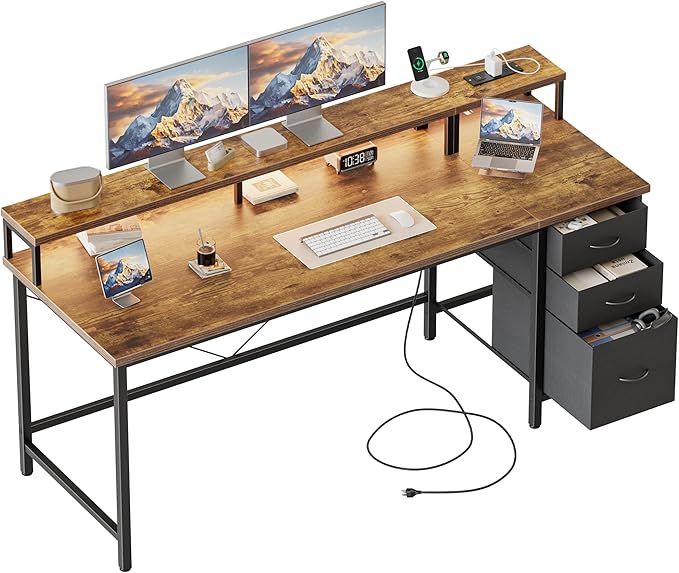 Mericonia Computer Desk 63 inch with Power Outlets &amp LED Lights Gaming Desk with 3 Drawers for Home Office Small Desk with Monitor Stand for Small Spaces Study Writing Desk