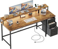 Mericonia Computer Desk 63 inch with Power Outlets &amp LED Lights Gaming Desk with 3 Drawers for Home Office Small Desk with Monitor Stand for Small Spaces Study Writing Desk