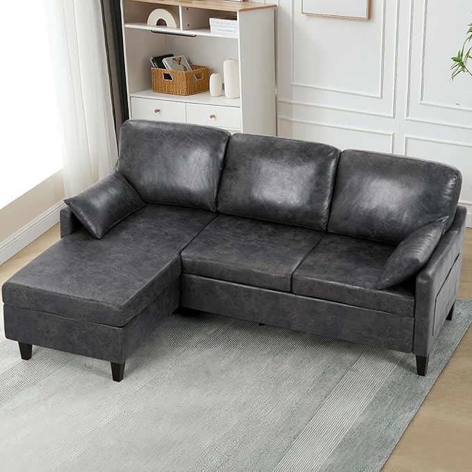 76 Sectional Sofa Couch with Reversible Chaise Suede Leather L Shaped Sofa w/USB Charger Ports &amp Storage Bag Convertible Modern Couch w/Storage Space for Living Room Small Space Grey