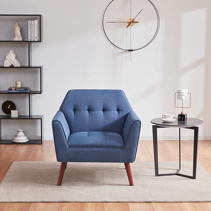 Kingfun Accent Chairs for Bedroom Midcentury Modern Living Room Accent Arm Chair Linen Fabric Comfy Reading Chair Tufted Sofa Chair Blue