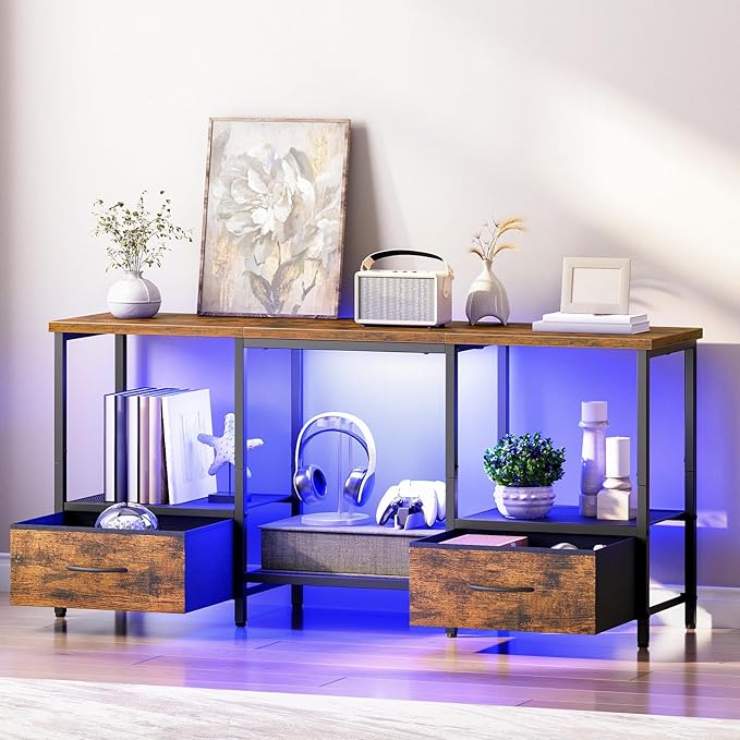HOOBRO LED TV Stand with Storage LED Entertainment Center with Open Shelves and Drawer Fits TVs up to 55 Television Stand for Living Room Bedroom Rustic Brown and Black BF123DDS01G1