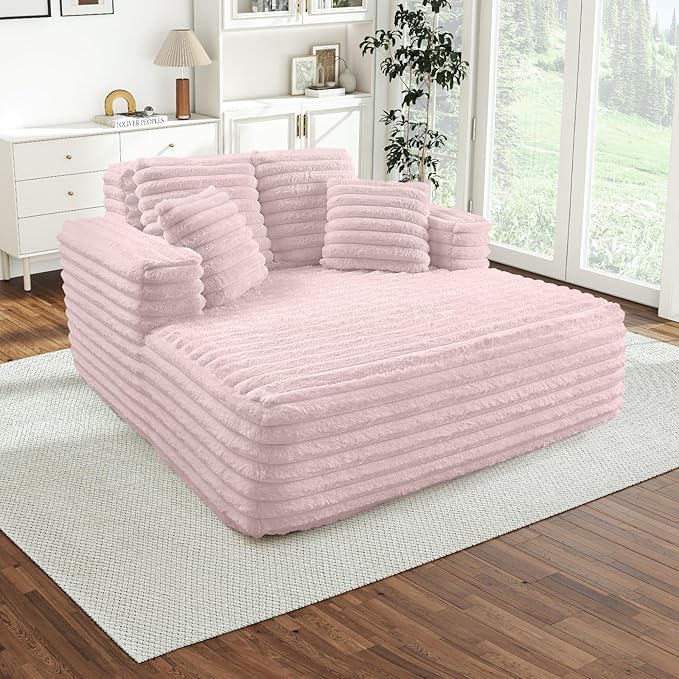 Chaise Lounge Chair Indoor Comfy Corduroy Plush Fluffy Foam Floor Compression Sofa Chair Leisure Reading Single Sleeper Chaise Chair for Living Room Bedroom Office Pillows Included (Pink)