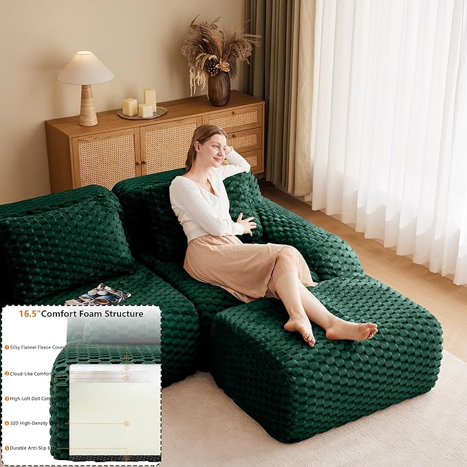 Cloud Sectional Couches for Living Room Boneless Couch Modular Sectional Sofa Modern Deep Seat Sofa with Pillows 4 Seater Comfy Floor Couch for Bedroom No Assembly RequiredGreen