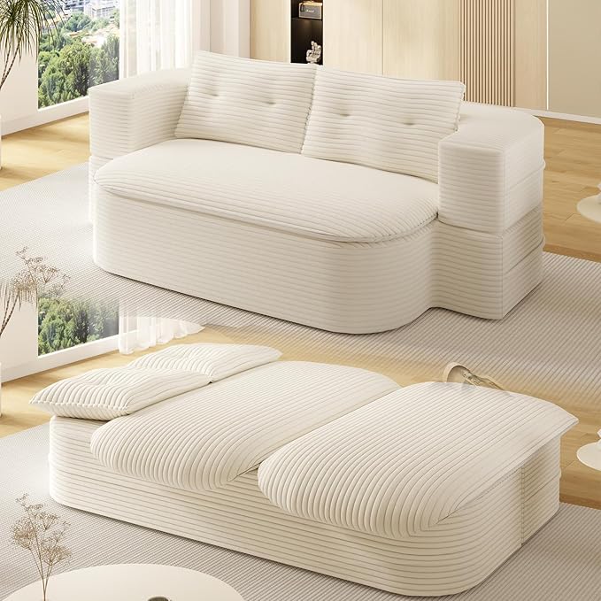 78.7 Full Size Memory Foam CouchPlush Corduroy SofaFloor Sofa Bed with Multi Functional Blanket2 in 1Convertible Folding Sofa Bed for Living Room OfficesNo Assembly Required (Beige)