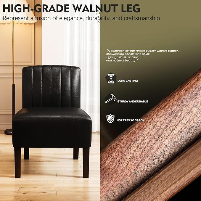 Armless Accent Chairs Upholstered Dining Chairs Living Room Chairs with Solid Wood Legs Leather Reading Chair for Adults Comfy Chair for Bedroom Vanity Kitchen (Black)