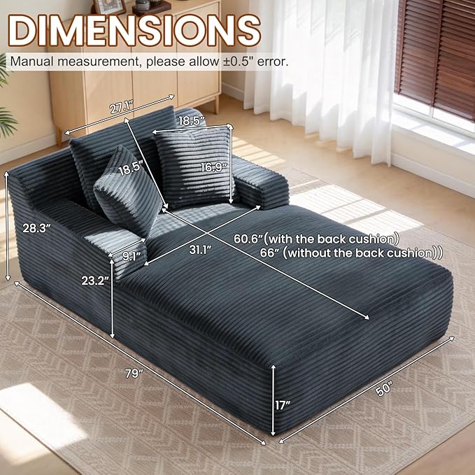 Avenix 79” Oversized Chaise Lounge Chairs Indoor Corduroy Boneless Chaise Lounges Chairs Indoor Deep Seat Big Comfy Reading Chair Cloud Sleeper Chair Sofa Couch Bed for Living Room Grey
