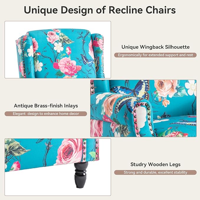 Pushback Recliner Chairs Set of 2 Floral Fabric Wingback Recliner Chair Upholstered Rivet Trim Armchair Push Back Recliner Accent Chair for Small Spaces Living Room Peacock Blue