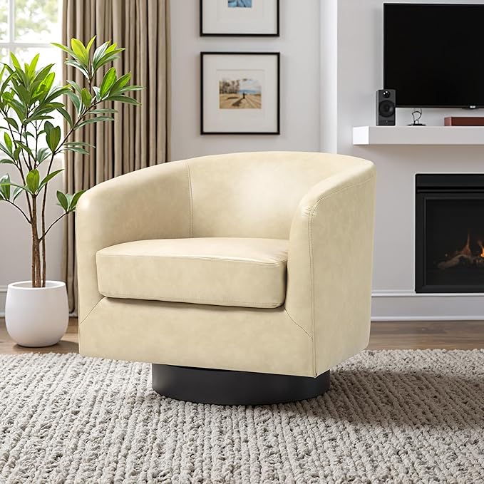 Lumibee Swivel Accent Chair Faux Leather Swivel Barrel Chair for Living Room Modern Comfy Upholstered Round Armchair Single Sofa Chair for Bedroom Club-Cream