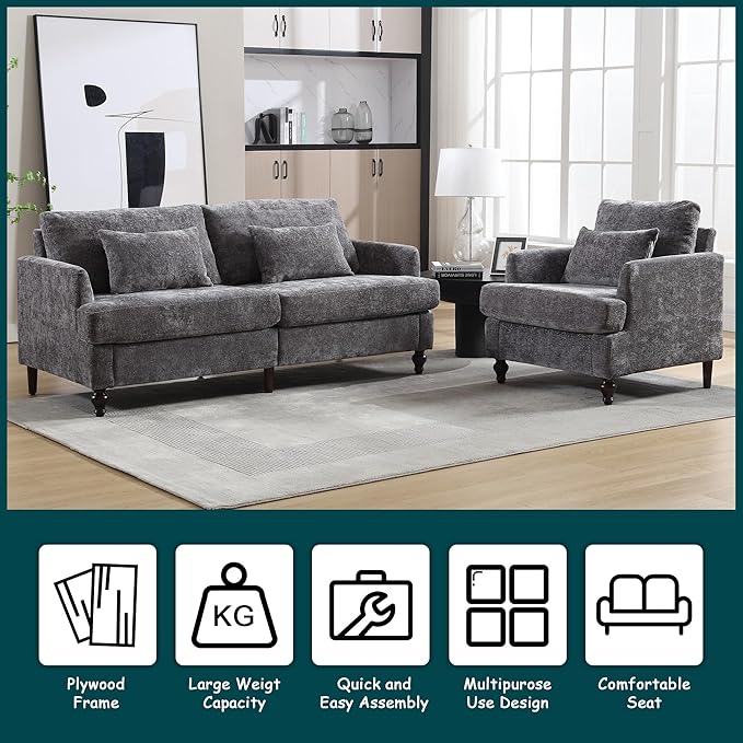 QQU Modern Upholstered Armchair Chenille Fabric Single Armchair with Cushions Living Room Lounge Chair Reading Chair with Solid Wood Frame Suitable for Bedroom Reception RoomGrey