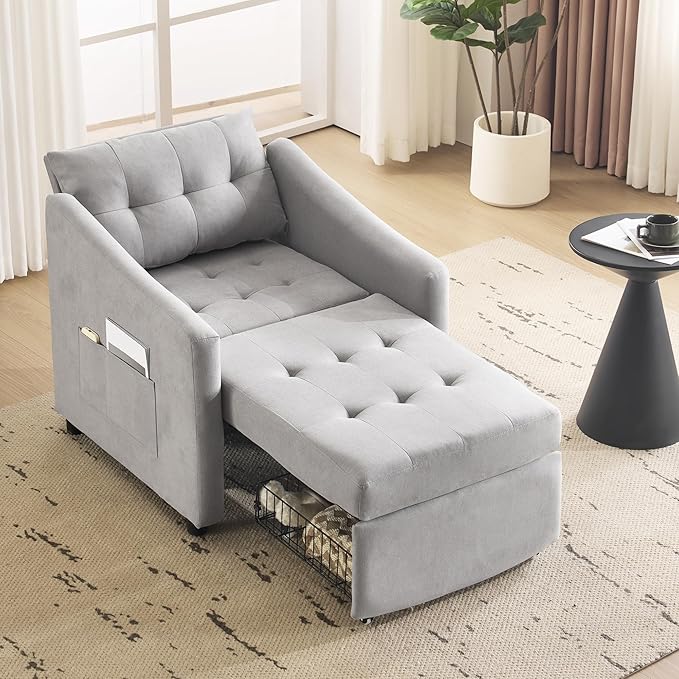 Bezseller Convertible Sofa Bed Chair 3-in-1 Sleeper Chair with Storage Drawer Pull Out Couch with Side Pocket Pillow and Adjustable Backrest for Small Spaces Living Room Light Grey