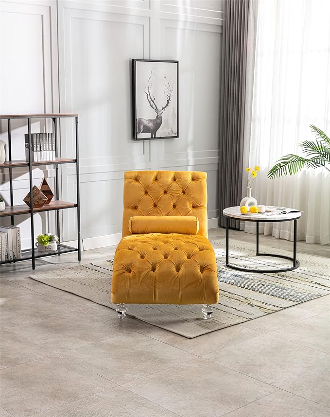 Leisure Velvet Concubine Sofa Accent Sofa Chaise Reclining Lounger Barrel Sofa with Acrylic Feet (Mustard) sofa Chaises Longues